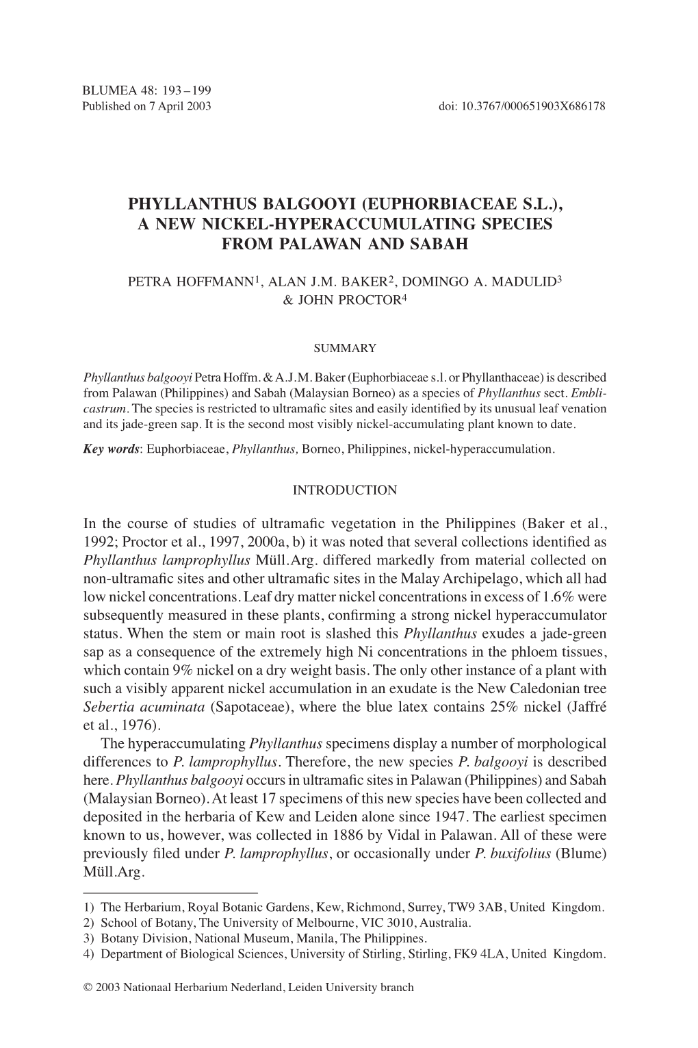 Phyllanthus Balgooyi (Euphorbiaceae S.L.), a New Nickel-Hyperaccumulating Species from Palawan and Sabah