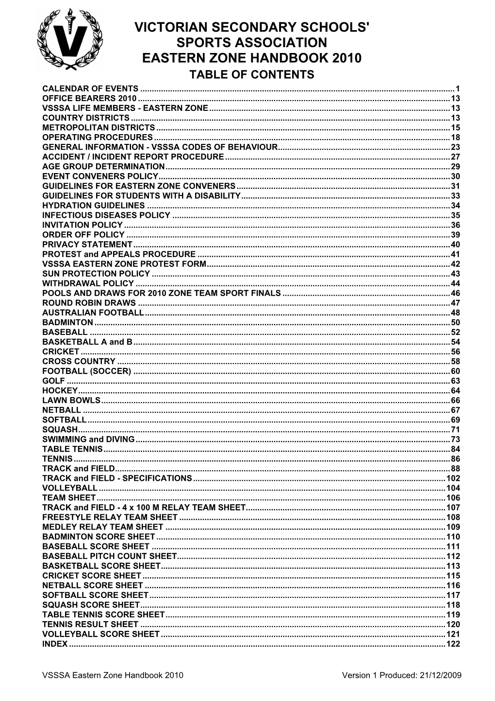 Victorian Secondary Schools' Sports Association Eastern Zone Handbook 2010