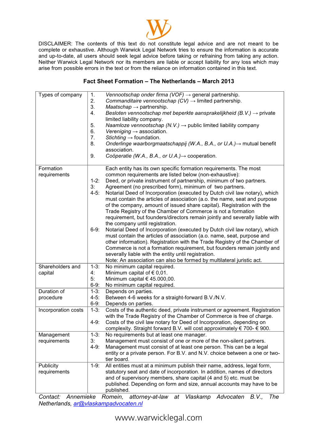 NETHERLANDS Company Formation Fact Sheet March 2013