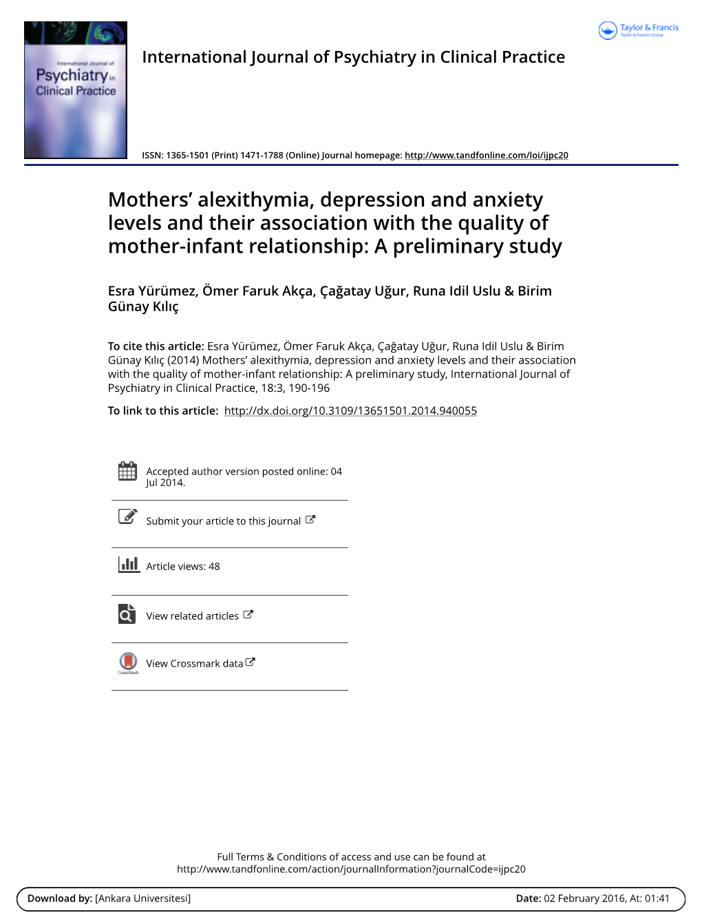 Mothers' Alexithymia, Depression and Anxiety Levels and Their Association