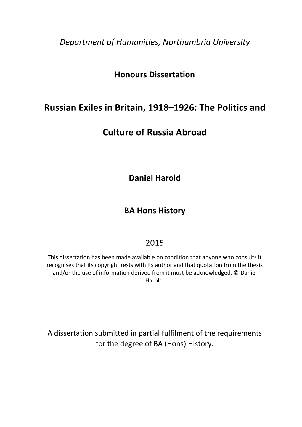 Russian Exiles in Britain, 1918–1926: the Politics and Culture of Russia