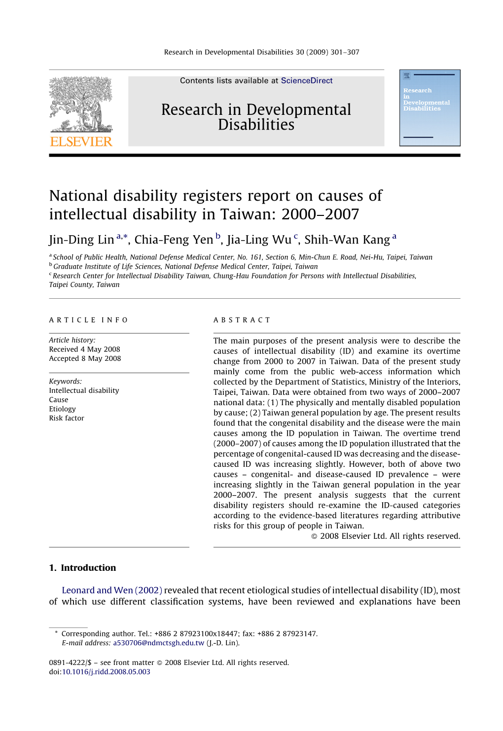 National Disability Registers Report on Causes of Intellectual Disability in Taiwan: 2000–2007