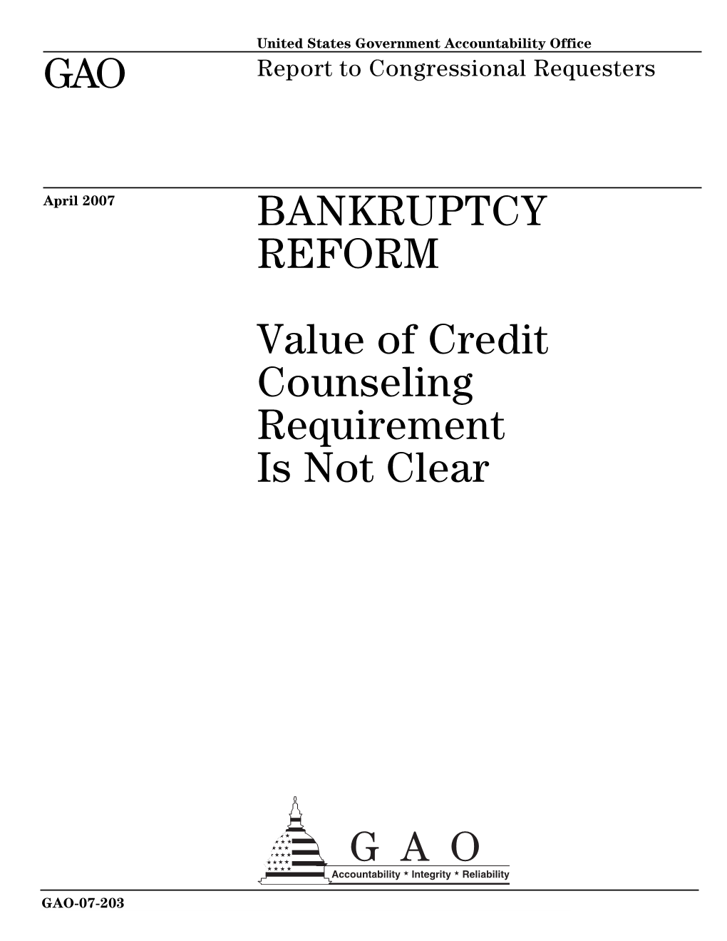 GAO-07-203 Bankruptcy Reform: Value of Credit Counseling