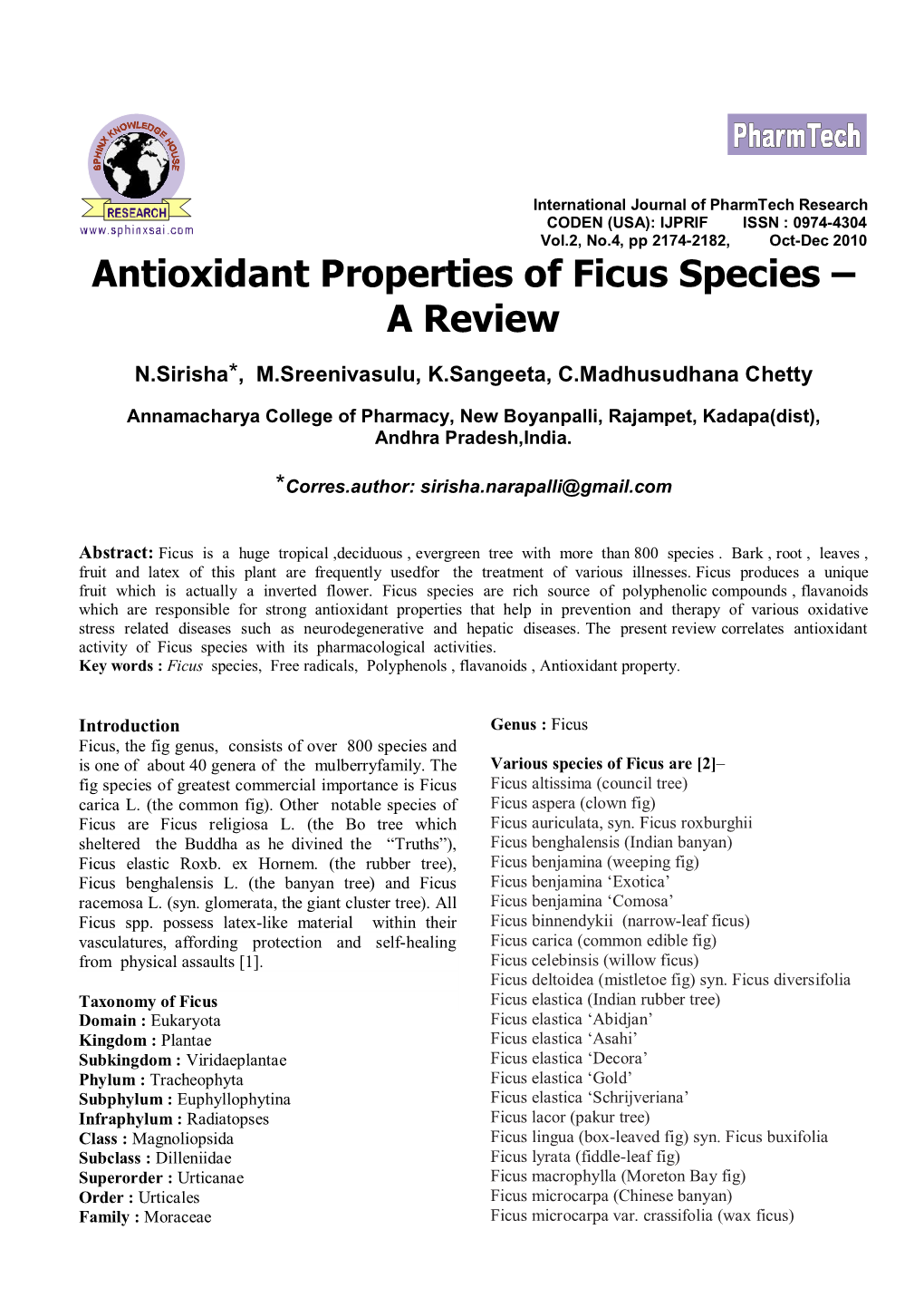 Antioxidant Properties of Ficus Species – a Review