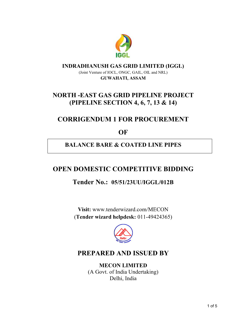 Corrigendum 1 for Procurement of Open Domestic Competitive Bidding Prepared and Issued By