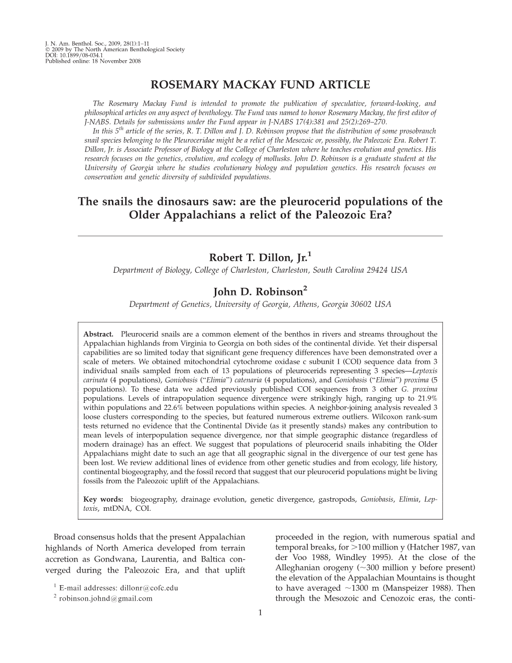 Are the Pleurocerid Populations of the Older Appalachians a Relict of the Paleozoic Era?