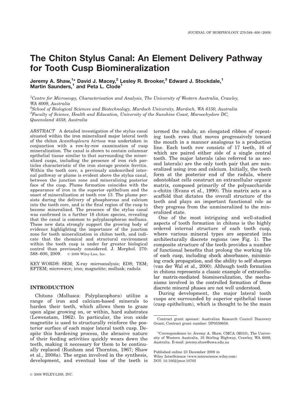 The Chiton Stylus Canal: an Element Delivery Pathway for Tooth Cusp Biomineralization