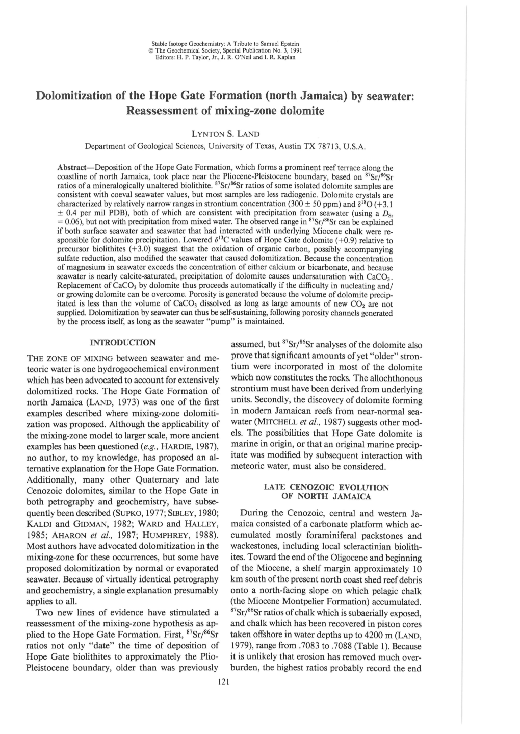 Dolomitization of the Hope Gate Formation (North Jamaica) by Seawater: Reassessment of Mixing-Zone Dolomite