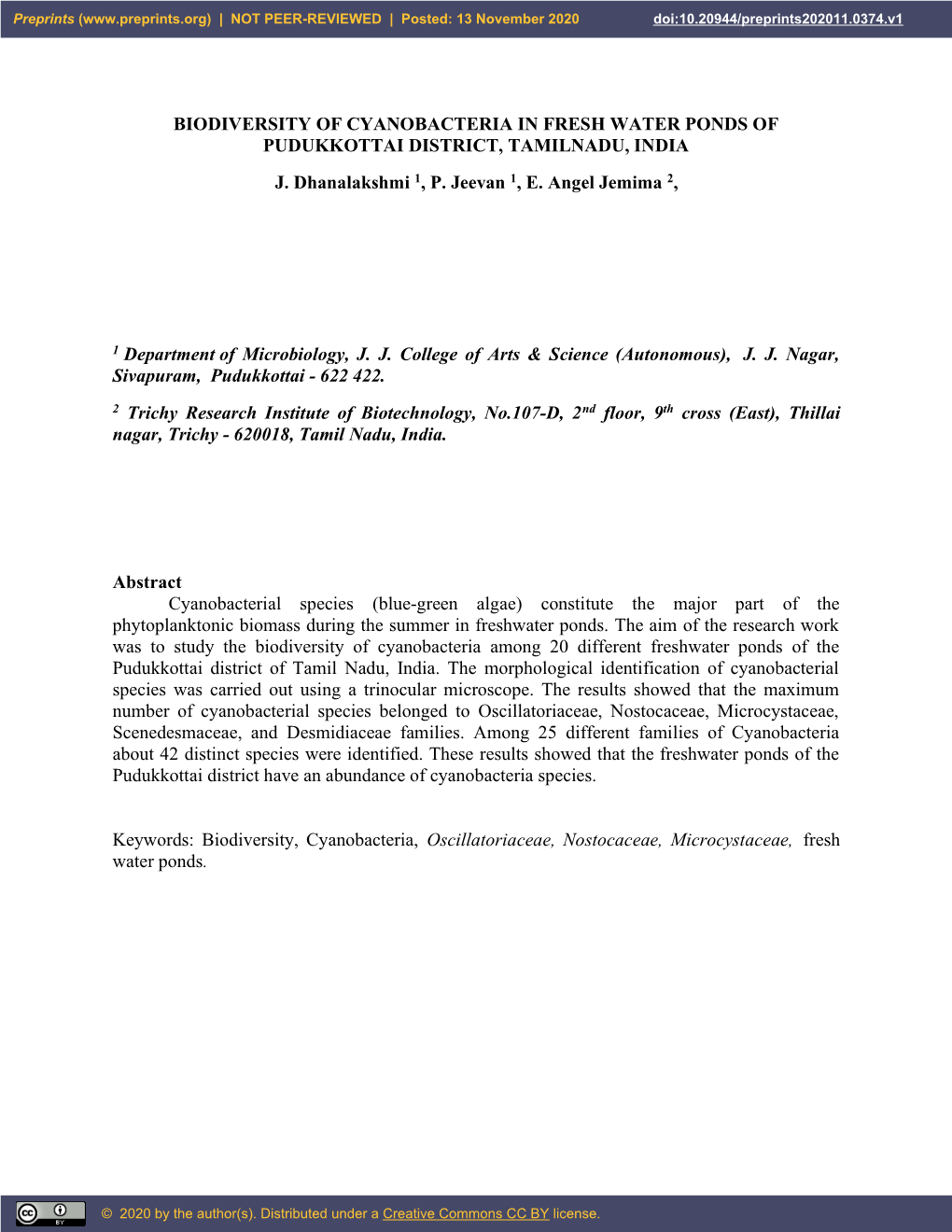 Biodiversity of Cyanobacteria in Fresh Water Ponds of Pudukkottai District, Tamilnadu, India J