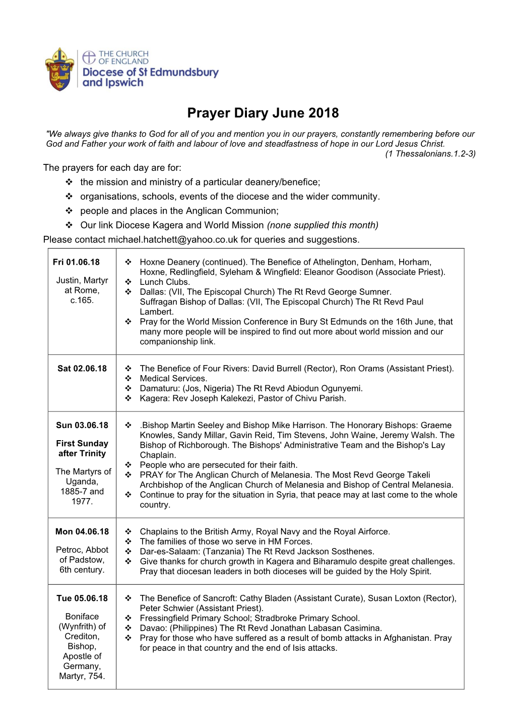 Prayer Diary June 2018