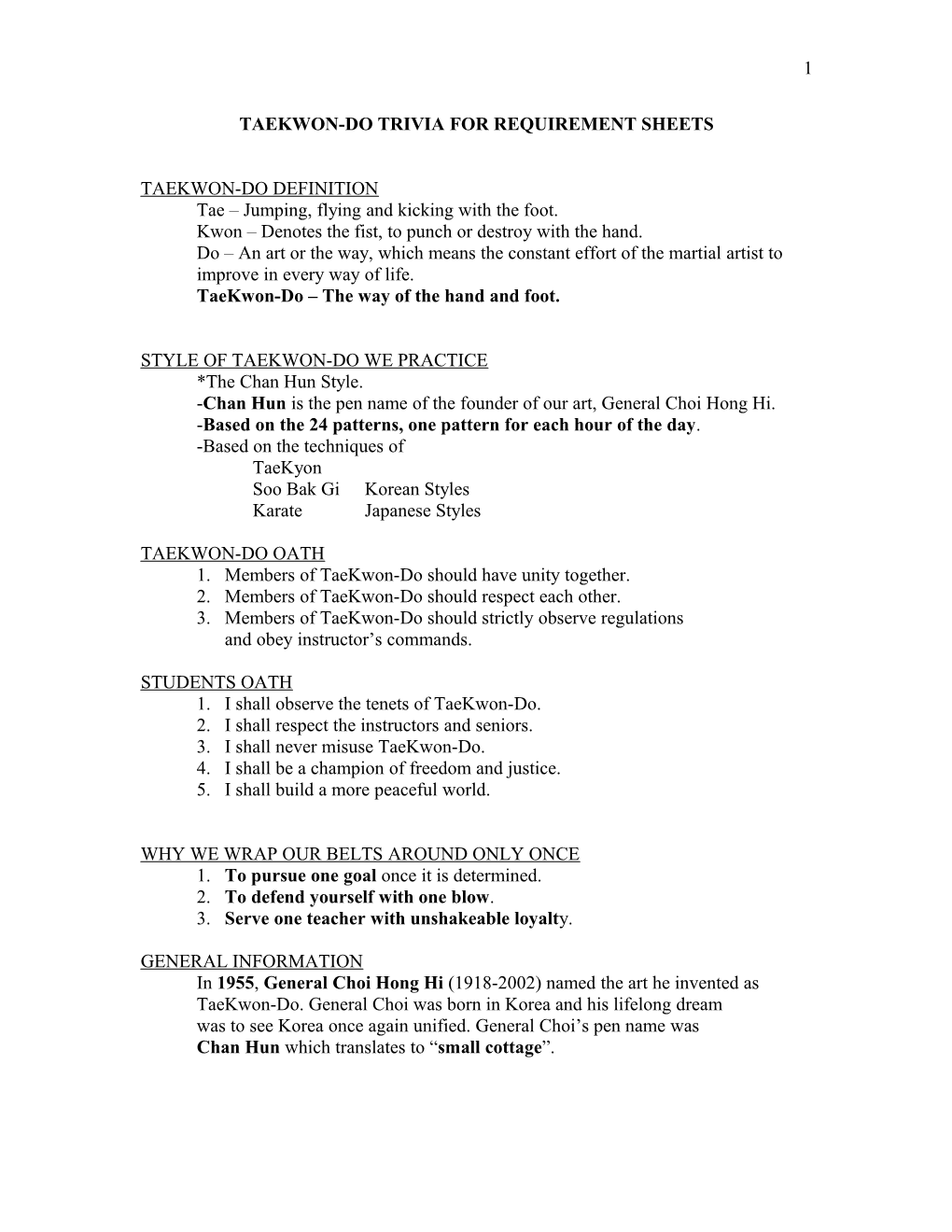 Taekwon-Do Trivia for Requirement Sheets