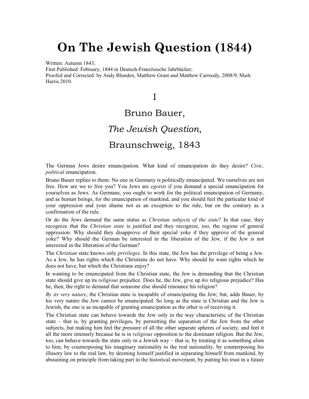 On the Jewish Question (1844)