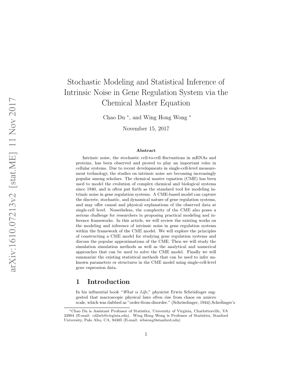 Stochastic Modeling and Statistical Inference of Intrinsic Noise in Gene Regulation System Via Chemical Master Equation