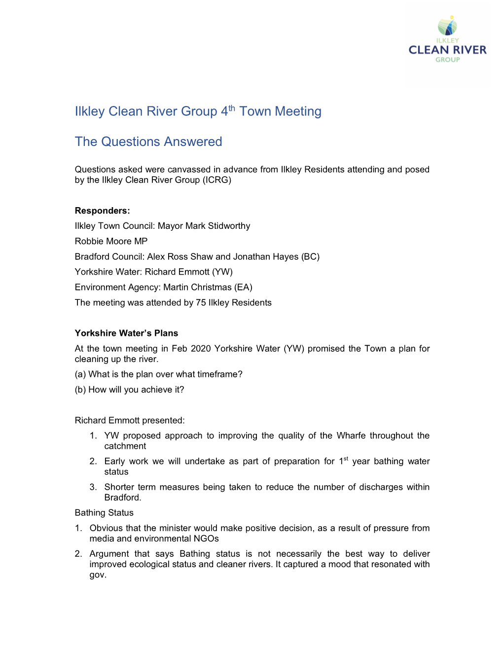 Ilkley Clean River Group 4Th Town Meeting the Questions Answered