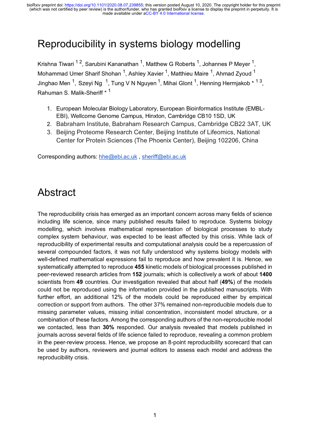 Reproducibility in Systems Biology Modelling