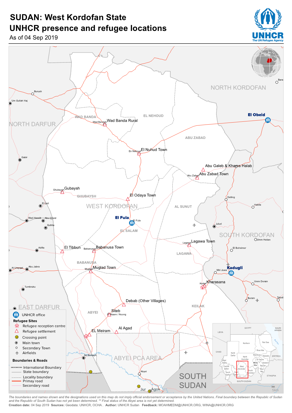 SUDAN: West Kordofan State UNHCR Presence and Refugee Locations As of 04 Sep 2019