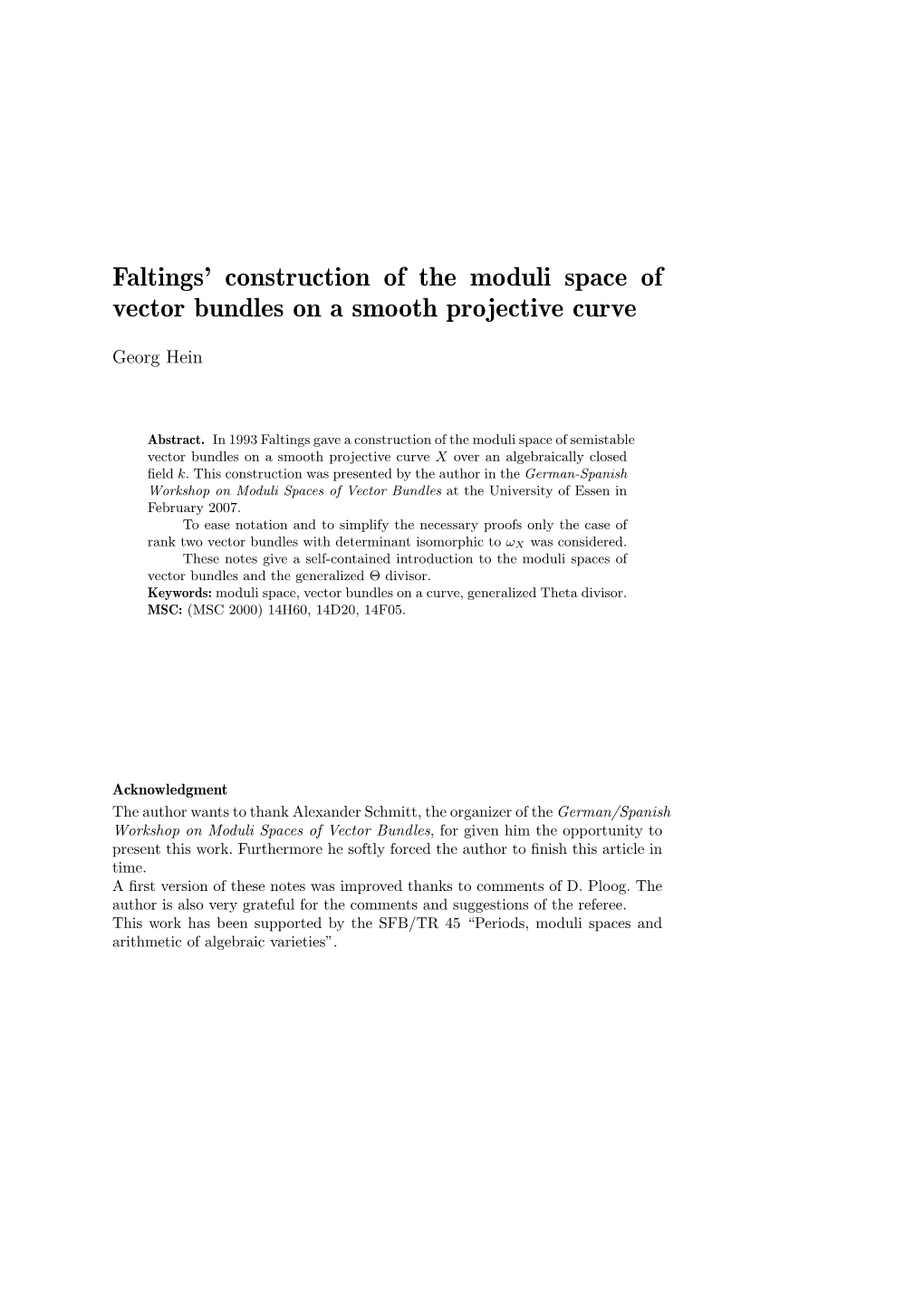 Faltings' Construction of the Moduli Space of Vector Bundles on A