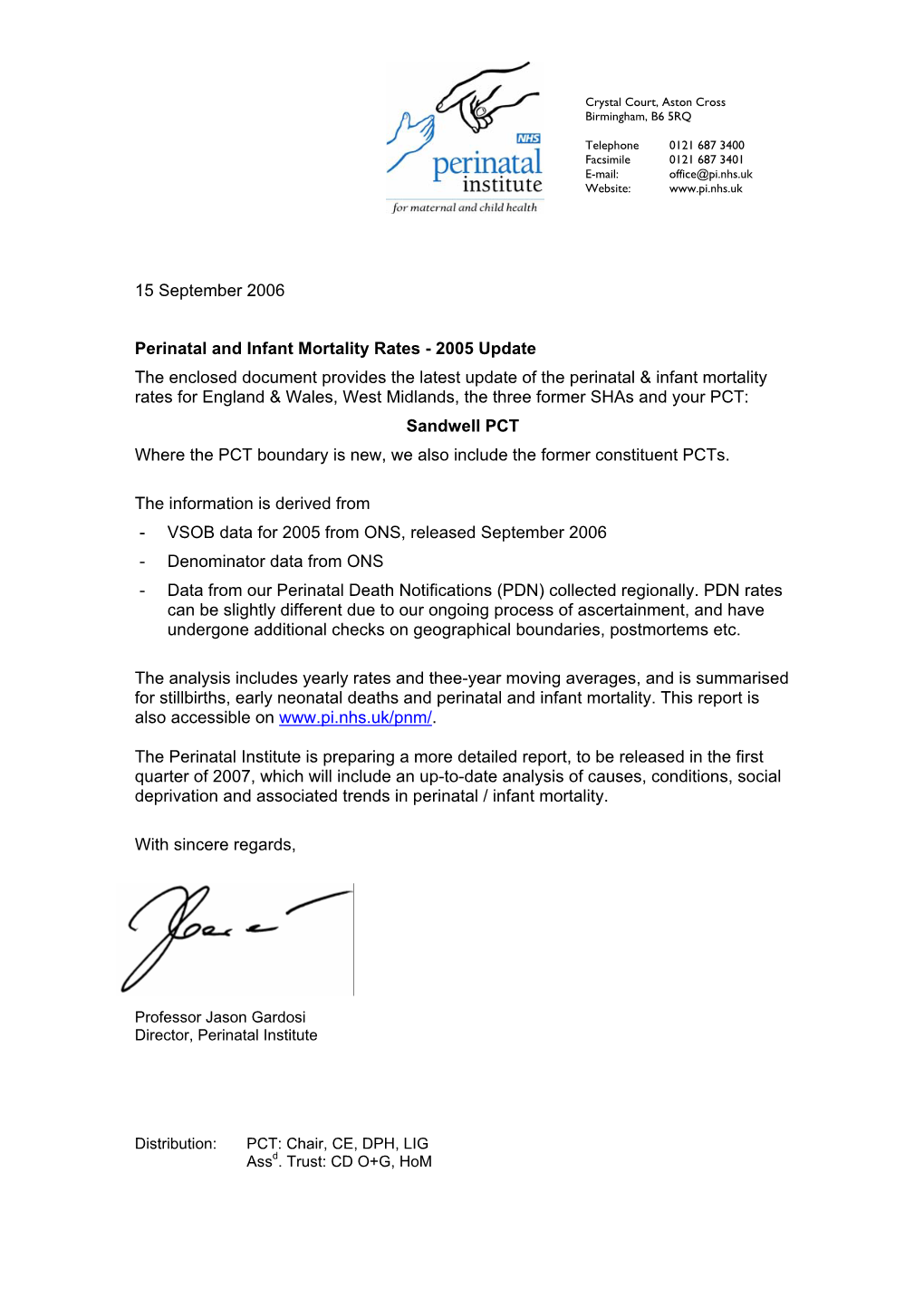 15 September 2006 Perinatal and Infant Mortality Rates