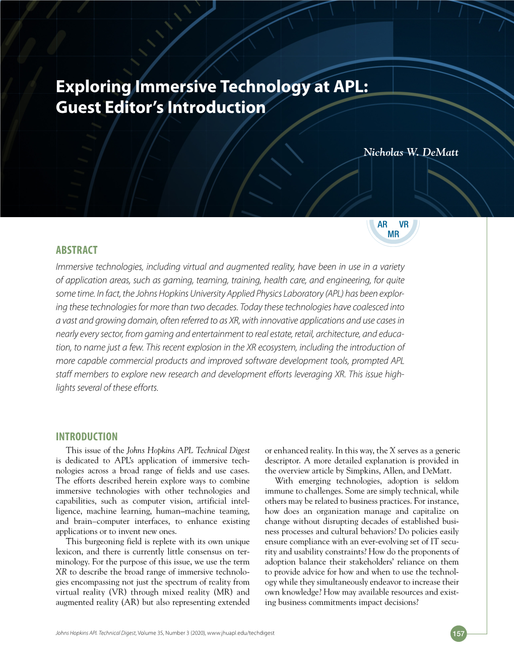 Exploring Immersive Technology at APL: Guest Editor's Introduction