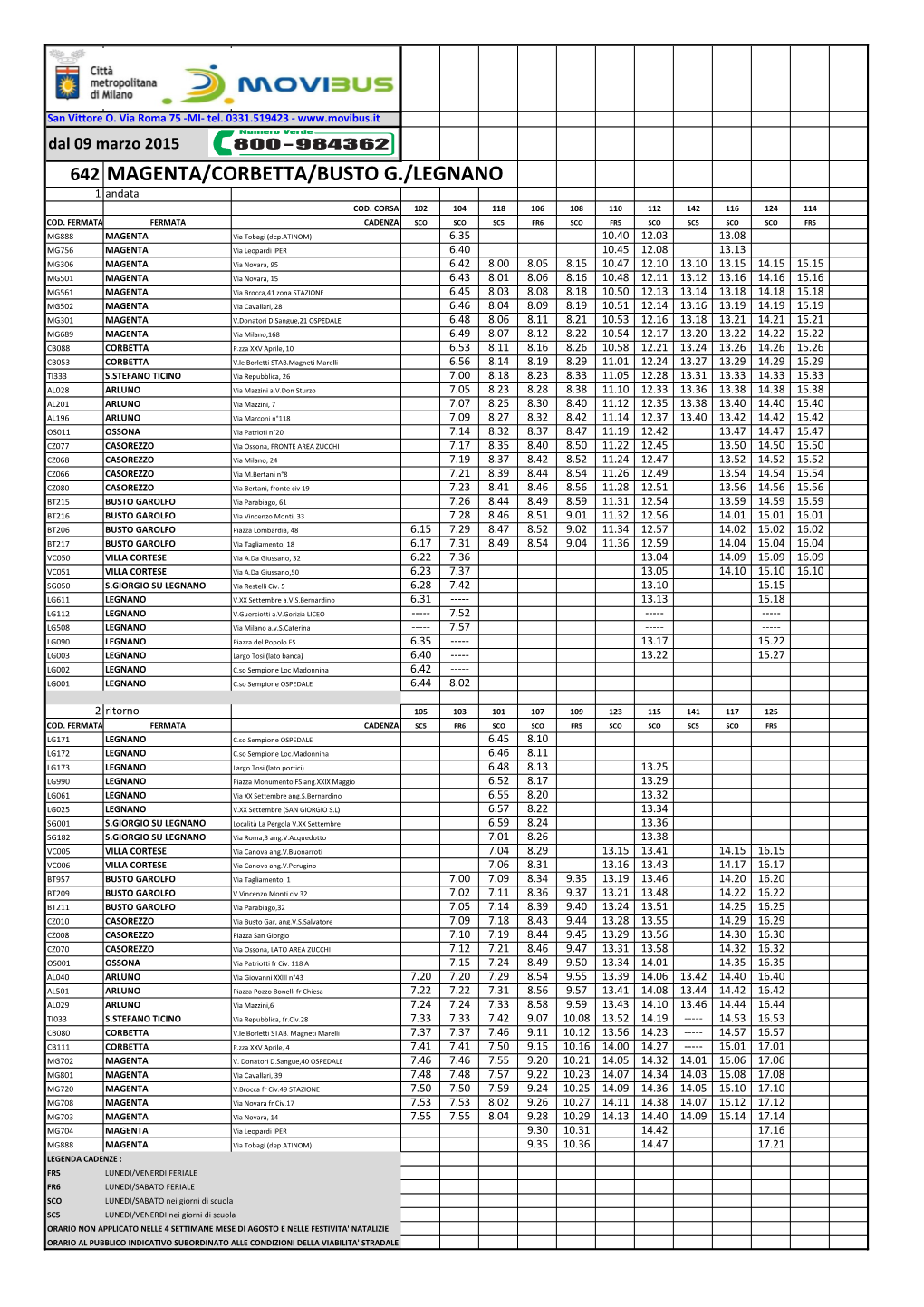 642 MAGENTA/CORBETTA/BUSTO G./LEGNANO 1 Andata COD