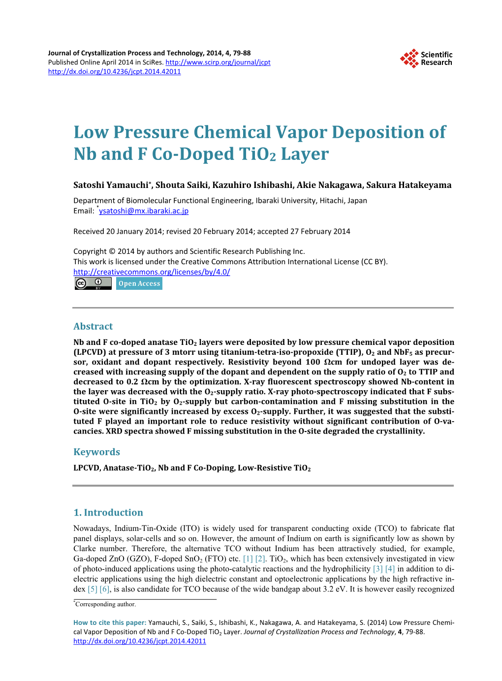 Low Pressure Chemical Vapor Deposition of Nb and F Co-Doped Tio2 Layer