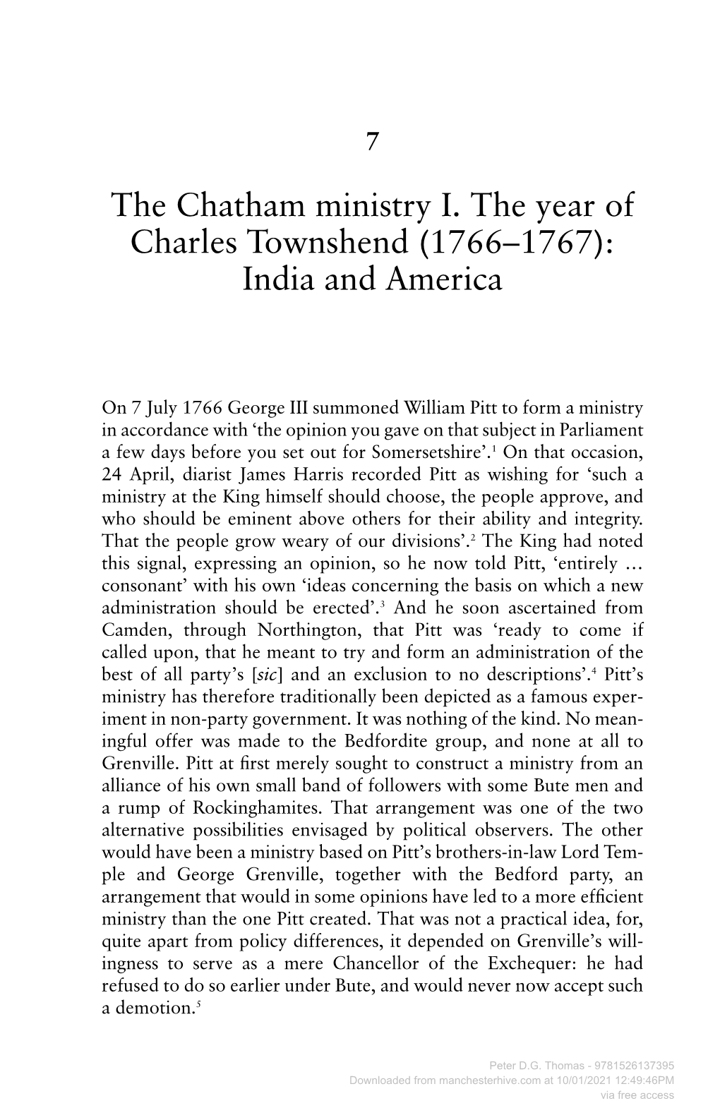 The Chatham Ministry I. the Year of Charles Townshend (1766–1767): India and America