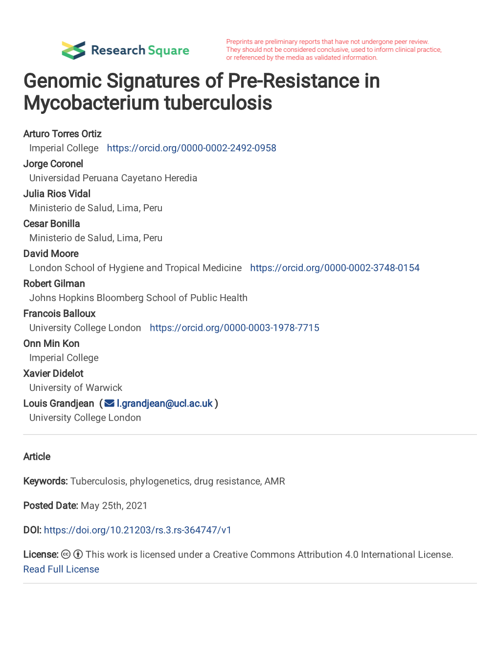 Genomic Signatures of Pre-Resistance in Mycobacterium Tuberculosis
