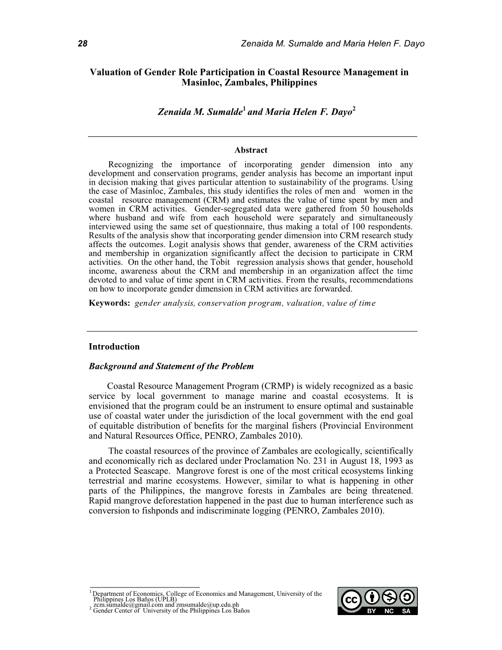 Valuation of Gender Role Participation in Coastal Resource Management in Masinloc, Zambales, Philippines