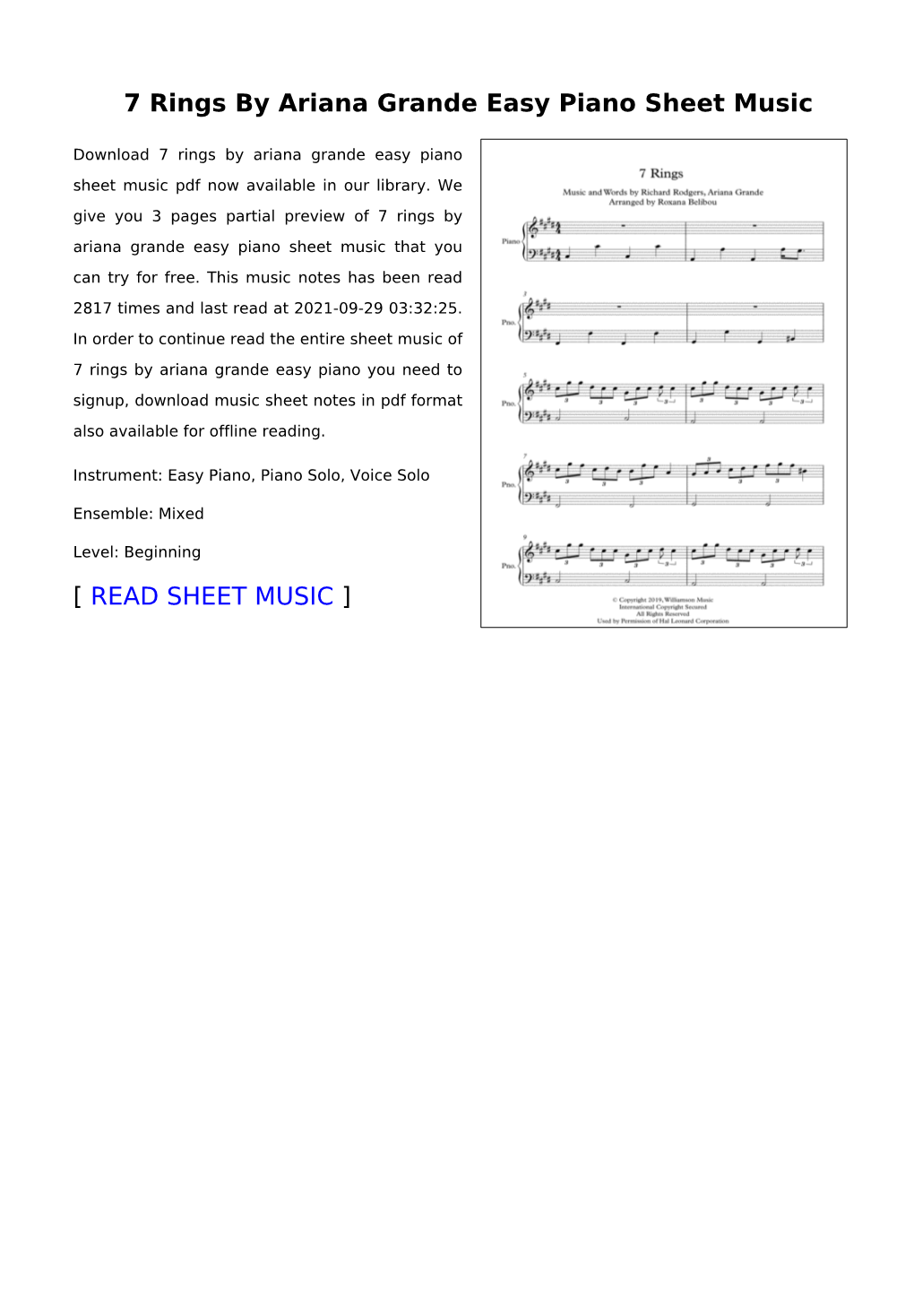 7 Rings by Ariana Grande Easy Piano Sheet Music