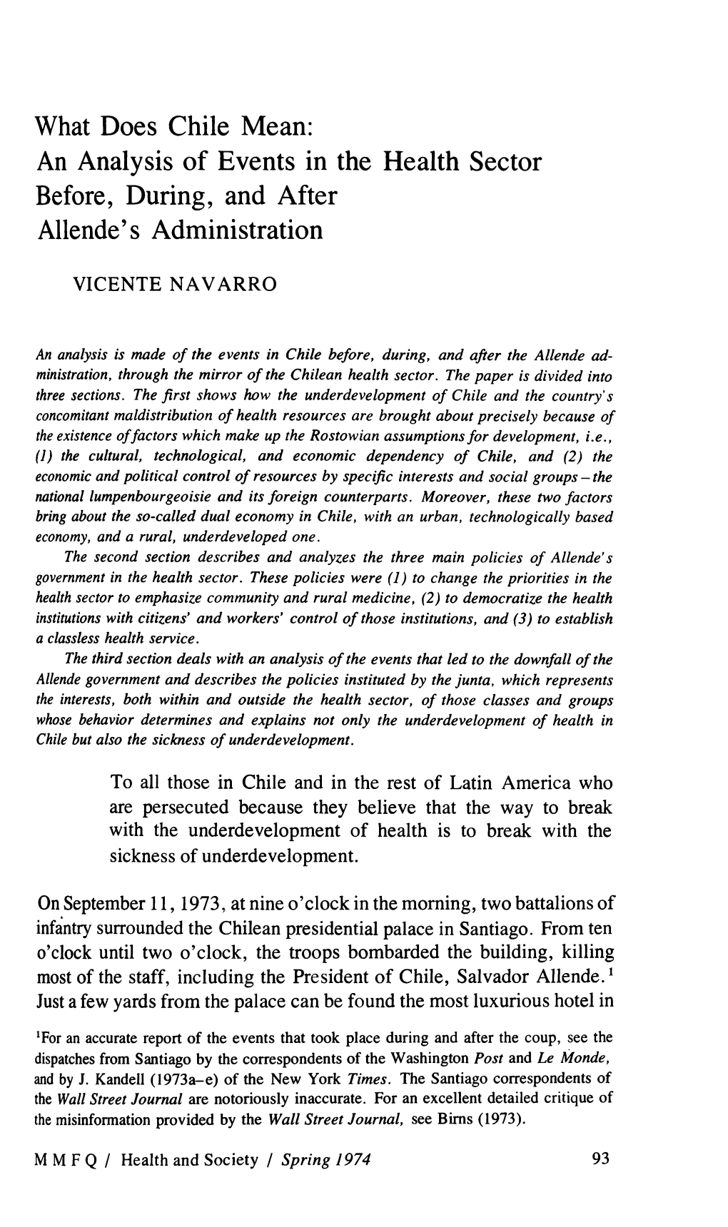 What Does Chile Mean: an Analysis of Events in the Health Sector Before, During, and After Allende’S Administration