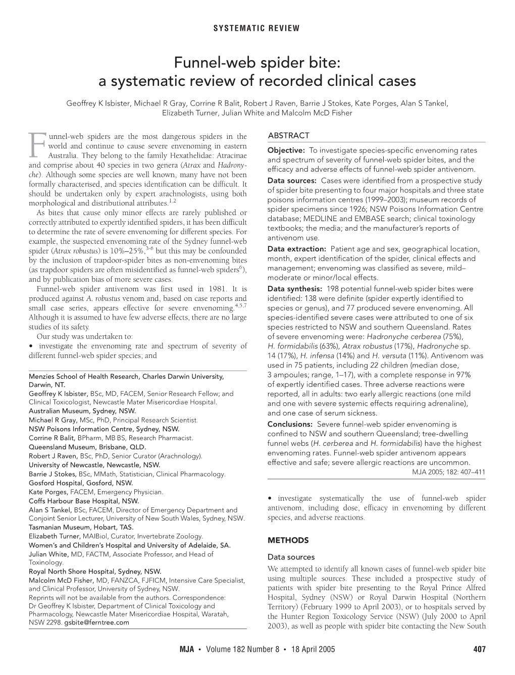 Funnel-Web Spider Bite: a Systematic Review of Recorded Clinical Cases