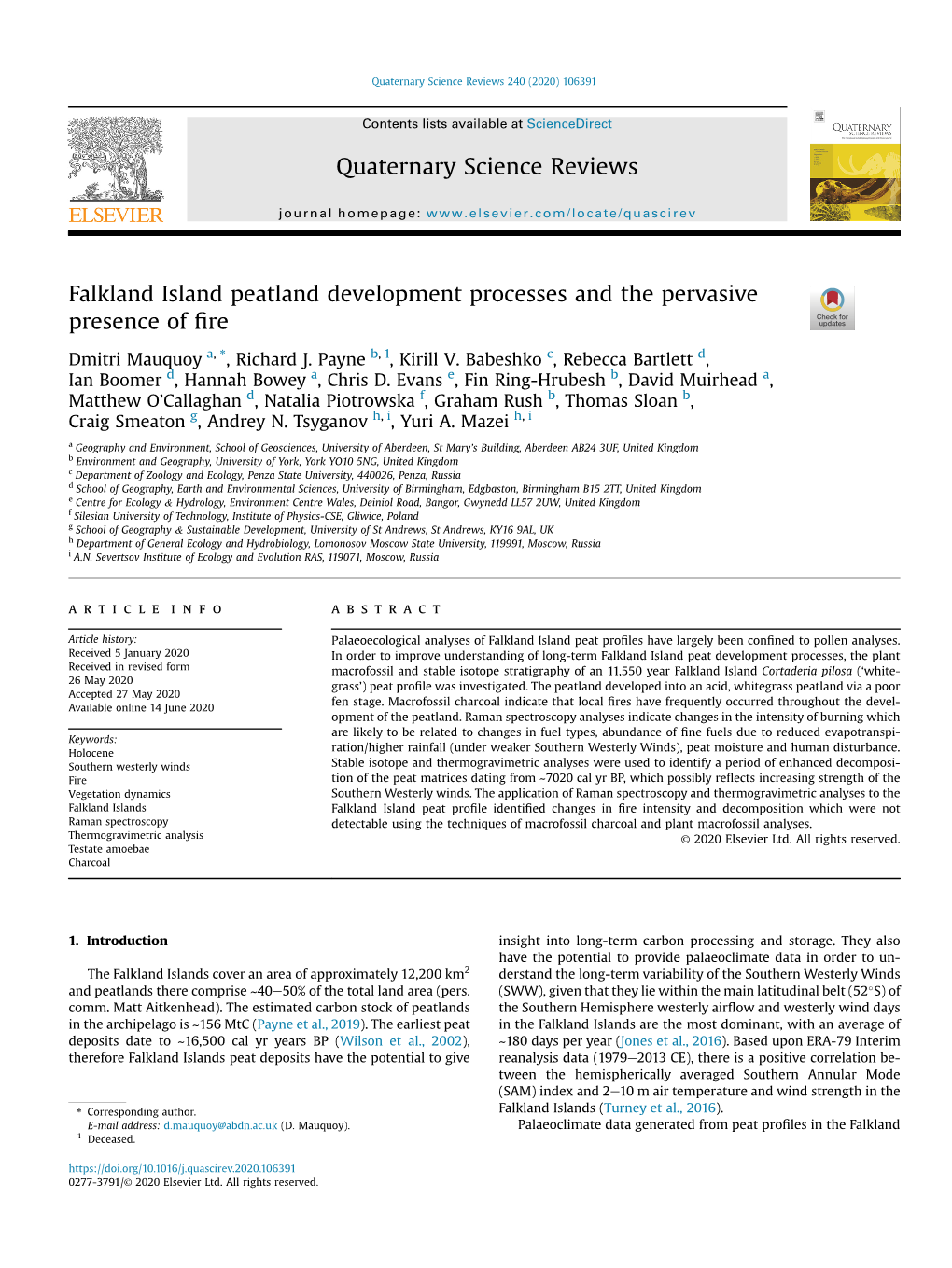 Falkland Island Peatland Development Processes and the Pervasive Presence of ﬁre