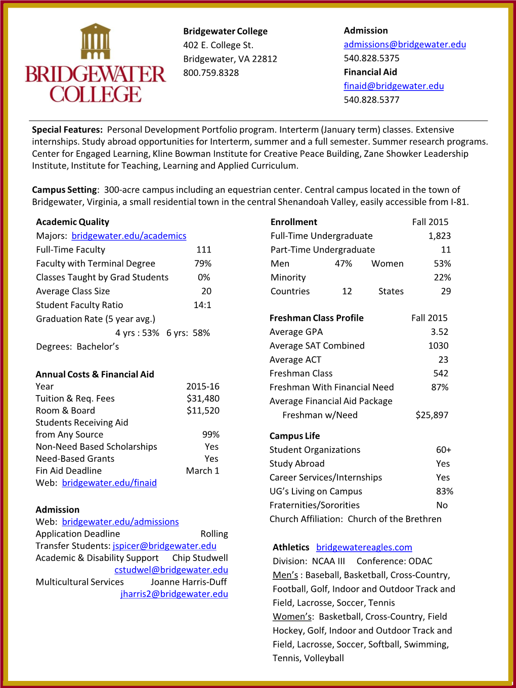 Bridgewater College 402 E. College St. Bridgewater, VA 22812 800.759.8328 Admission Admissions@Bridgewater.Edu 540.828.5375 Fina