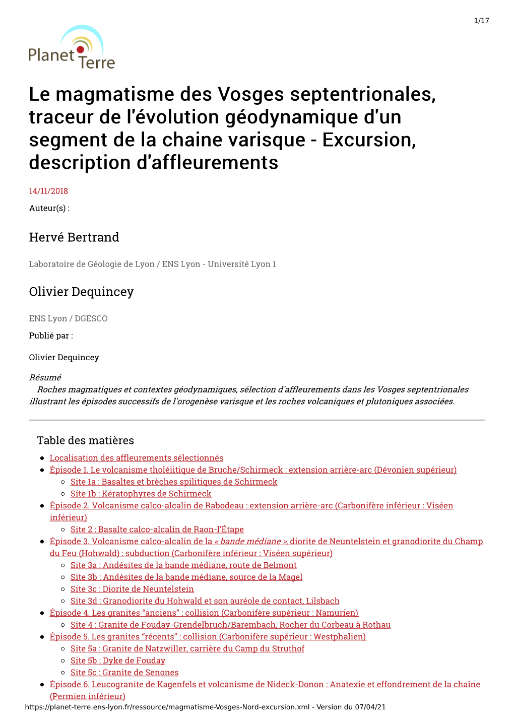 Le Magmatisme Des Vosges Septentrionales, Traceur De L'évolution Géodynamique D'un Segment De La Chaine Varisque - Excursion, Description D'affleurements