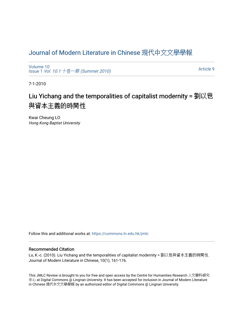 Liu Yichang and the Temporalities of Capitalist Modernity = Å−›Ä»