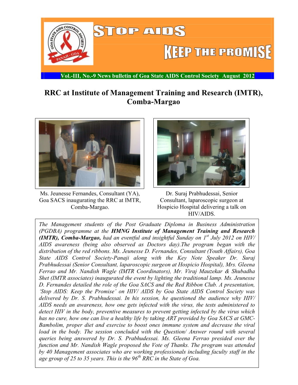 RRC at Institute of Management Training and Research (IMTR), Comba-Margao