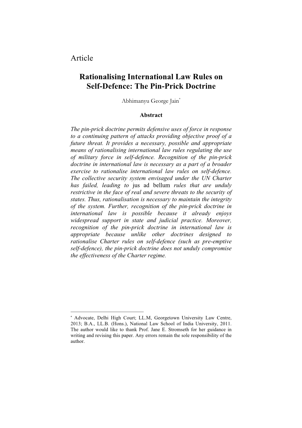 Article Rationalising International Law Rules on Self-Defence: the Pin