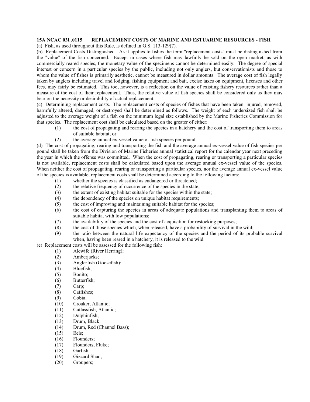 15A Ncac 03I .0115 Replacement Costs of Marine and Estuarine Resources Fish