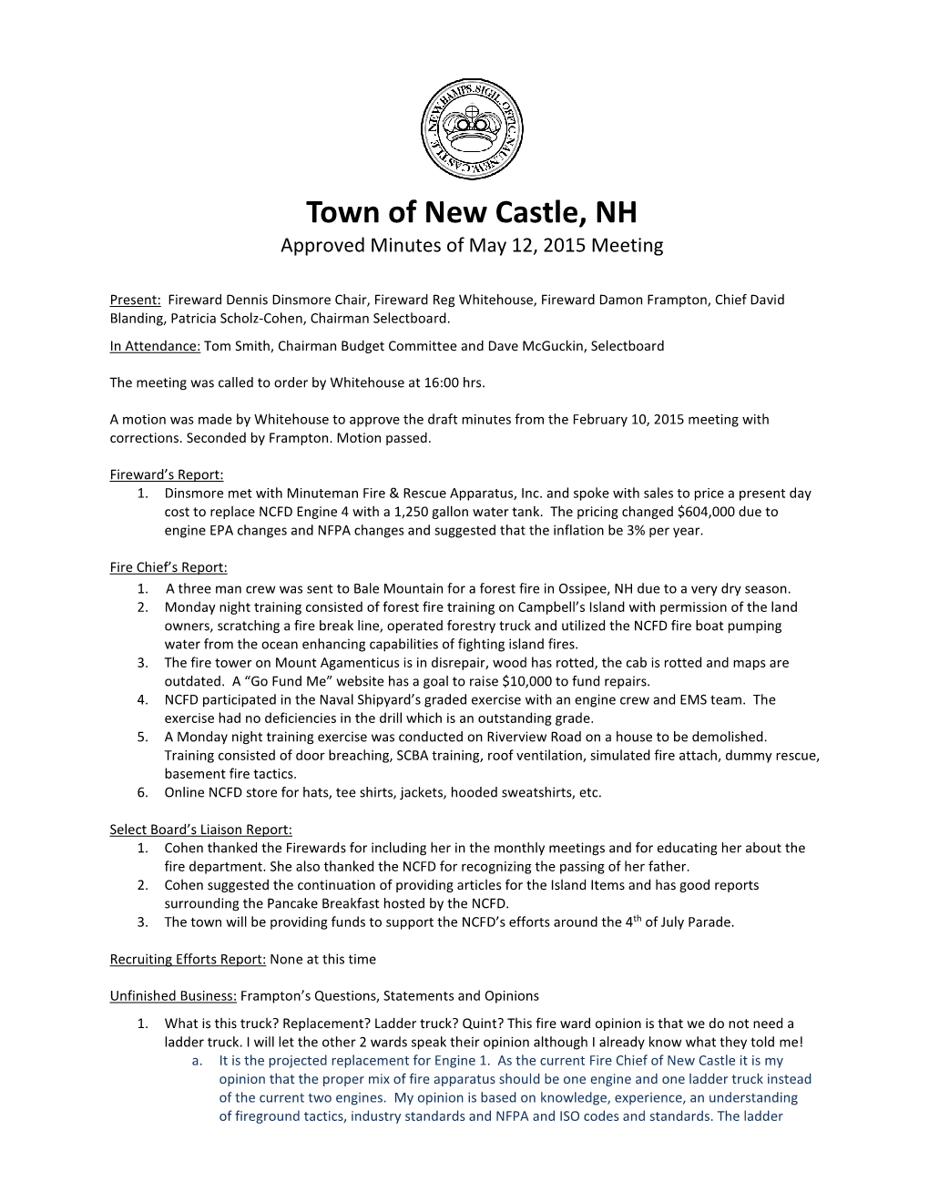 Town of New Castle, NH Approved Minutes of May 12, 2015 Meeting