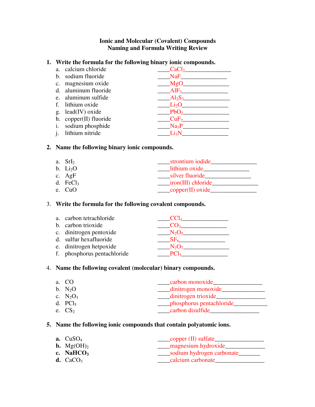Ionic and Molecular (Covalent) Compounds Naming and Formula Writing Review