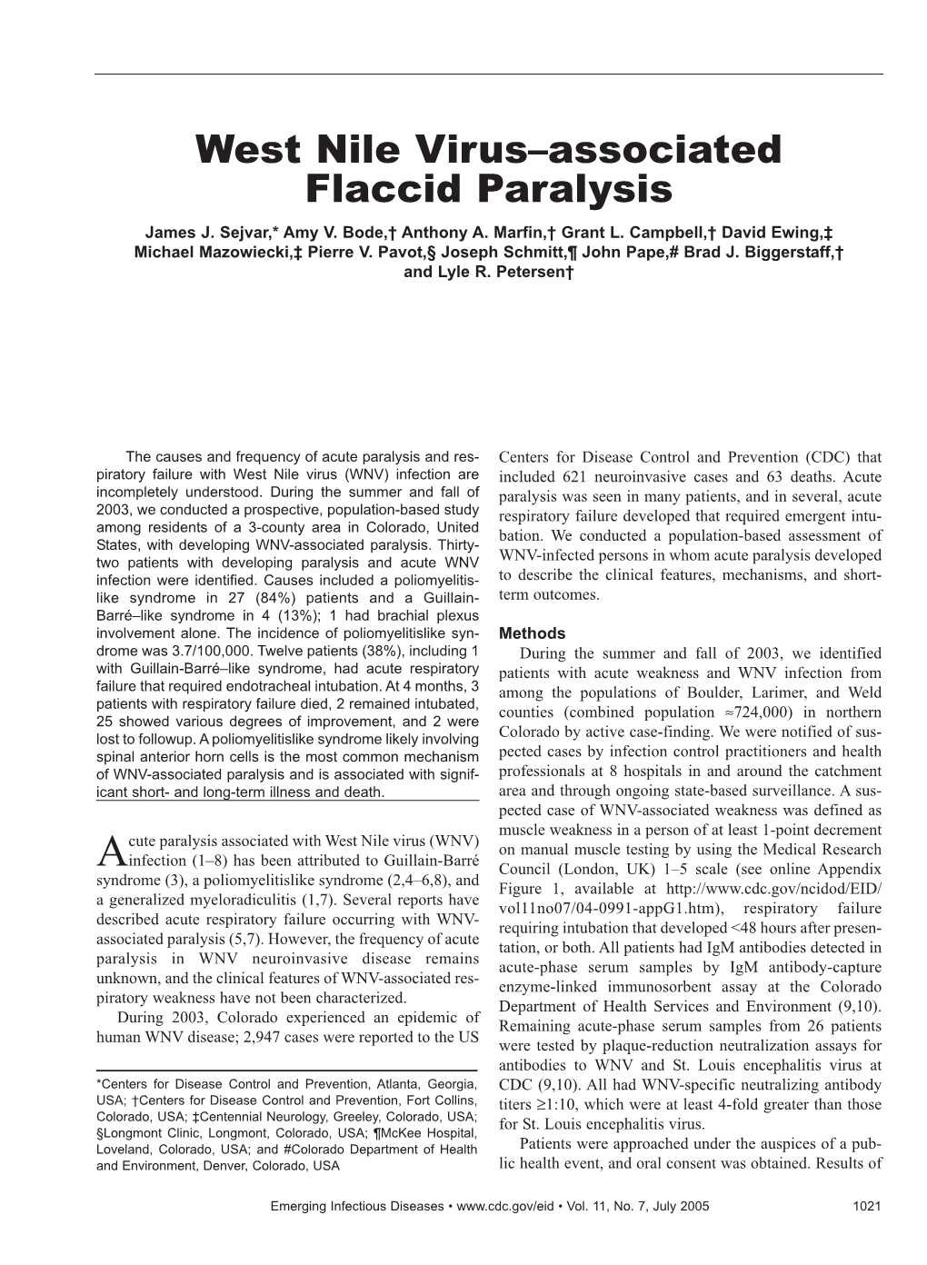 West Nile Virus–Associated Flaccid Paralysis James J