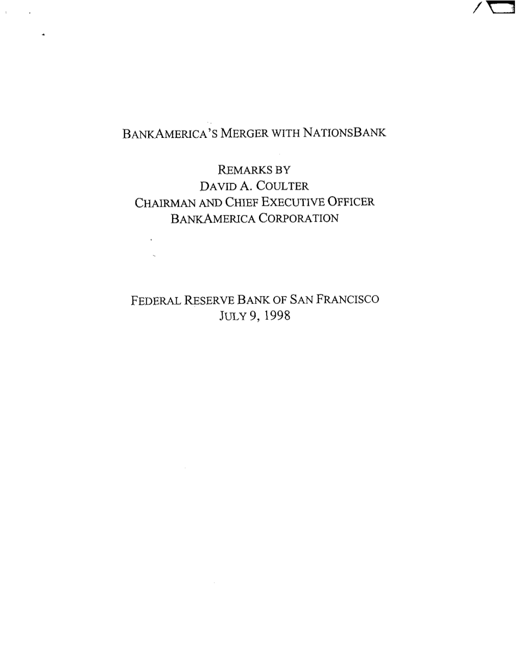 Banjl~Merica's Merger with Nationsbank Remarks by David A. Coljlter Chairman and Chief Executive Officer Bankamerica Corporati