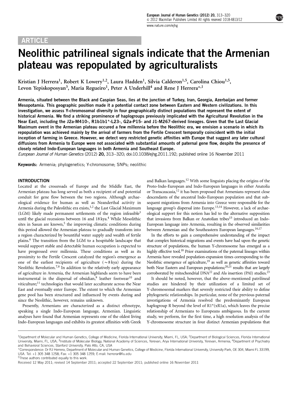 Neolithic Patrilineal Signals Indicate That the Armenian Plateau Was Repopulated by Agriculturalists