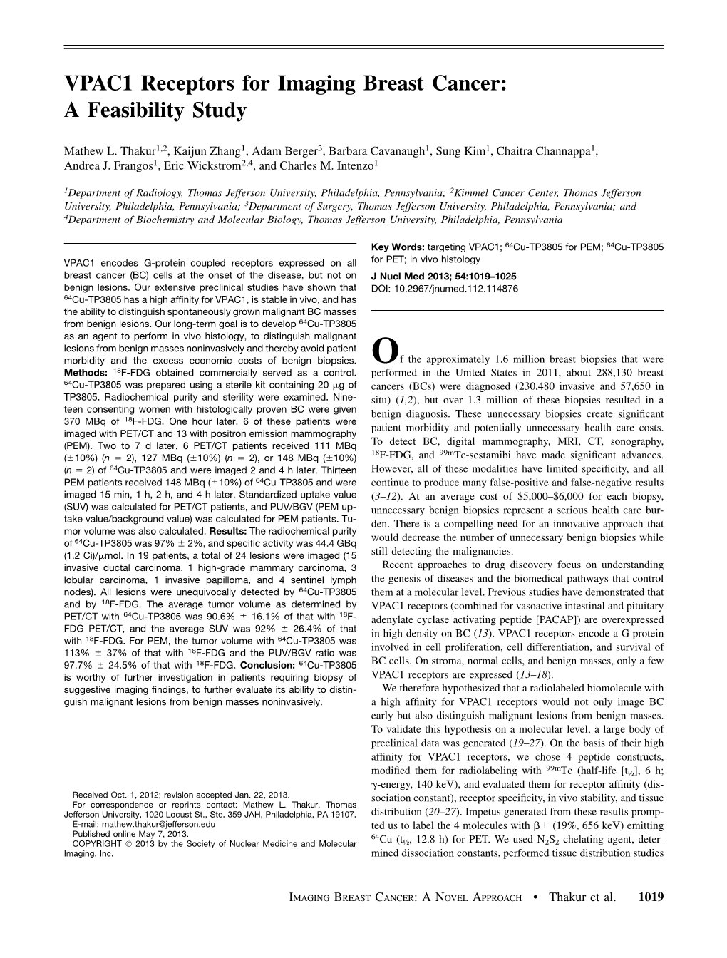 VPAC1 Receptors for Imaging Breast Cancer: a Feasibility Study