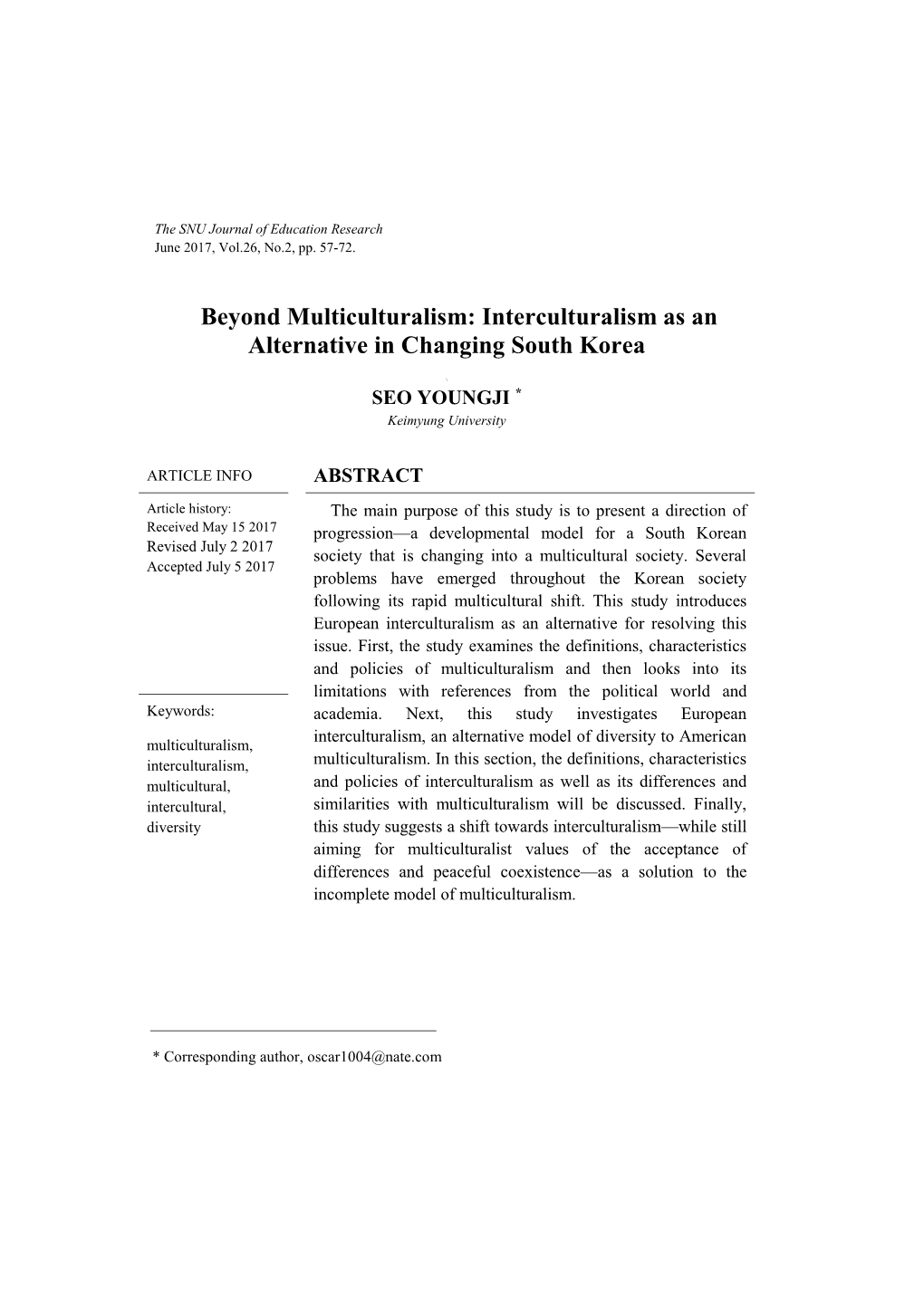 Interculturalism As an Alternative in Changing South Korea