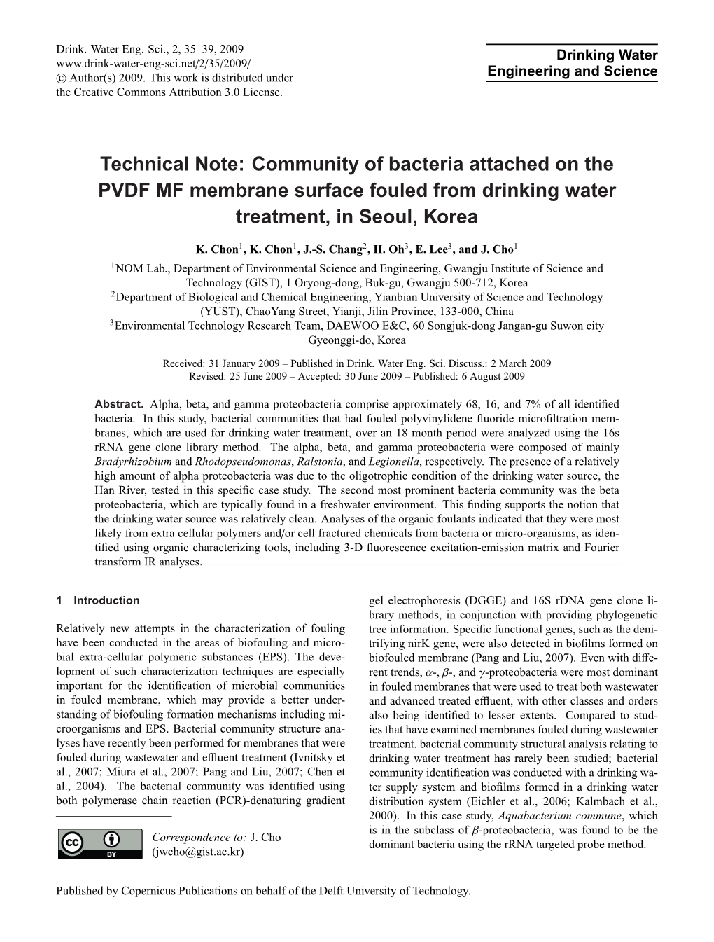 Community of Bacteria Attached on the PVDF MF Membrane Surface Fouled from Drinking Water Treatment, in Seoul, Korea