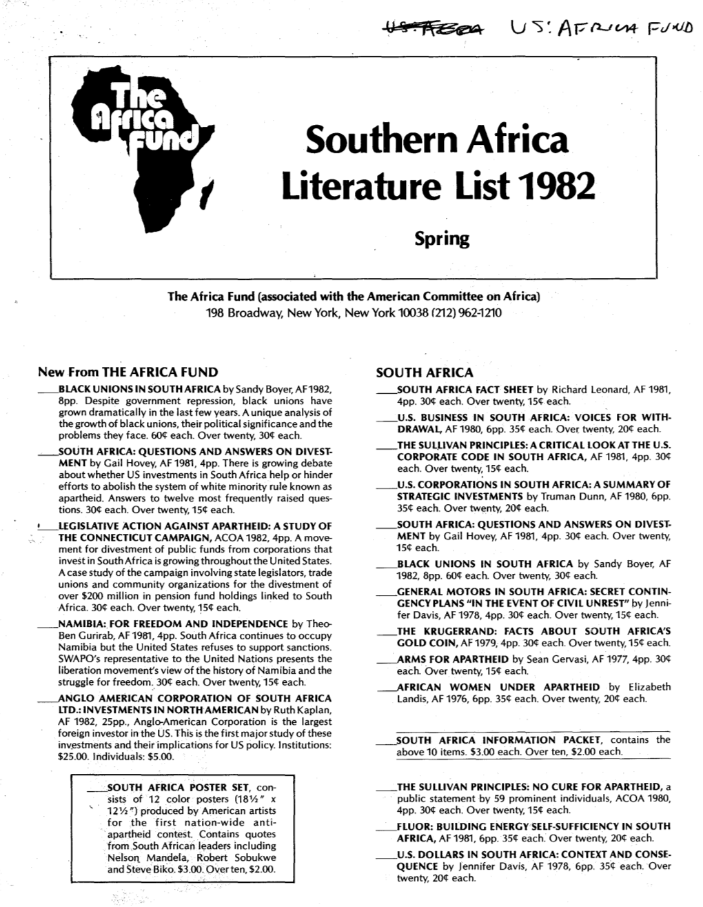 Southern Africa Literature List 1982