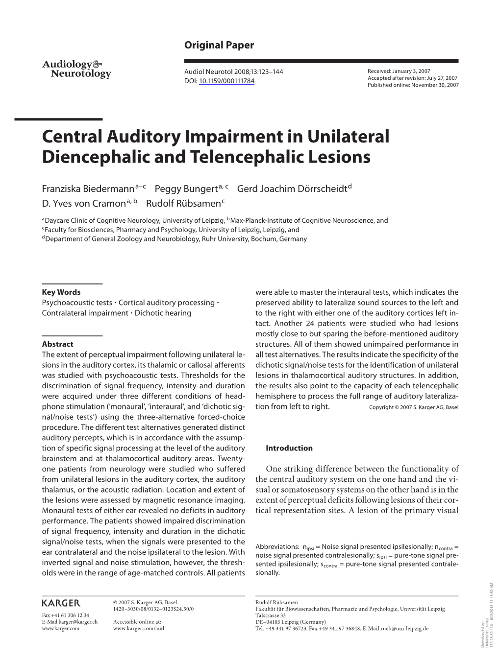 Central Auditory Impairment in Unilateral Diencephalic and Telencephalic Lesions