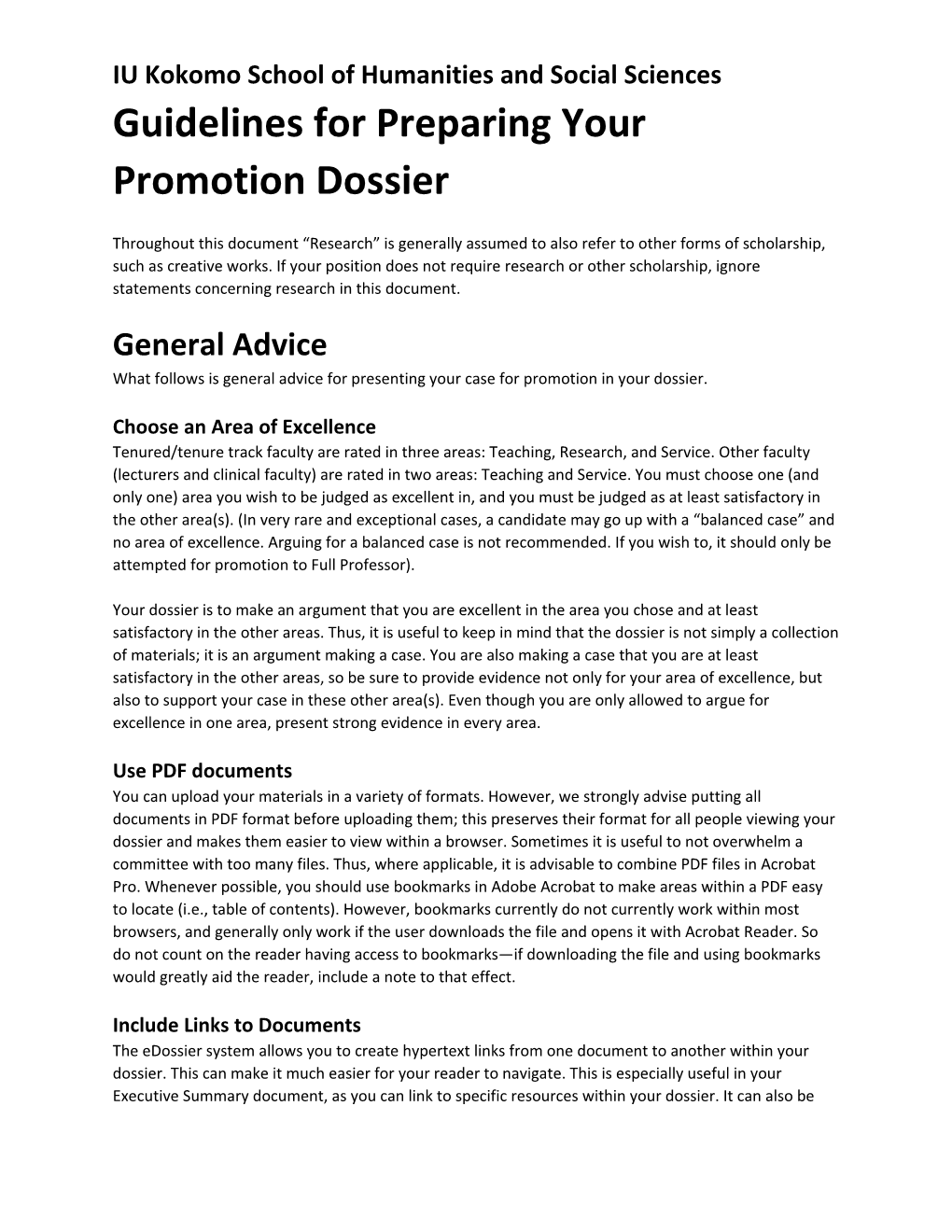 IU Kokomo School of Humanities and Social Sciences Guidelines for Preparing Your Promotion