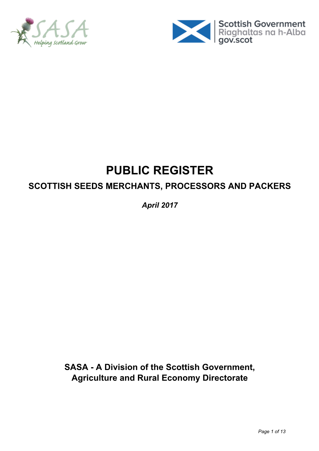 Public Register Scottish Seeds Merchants, Processors and Packers